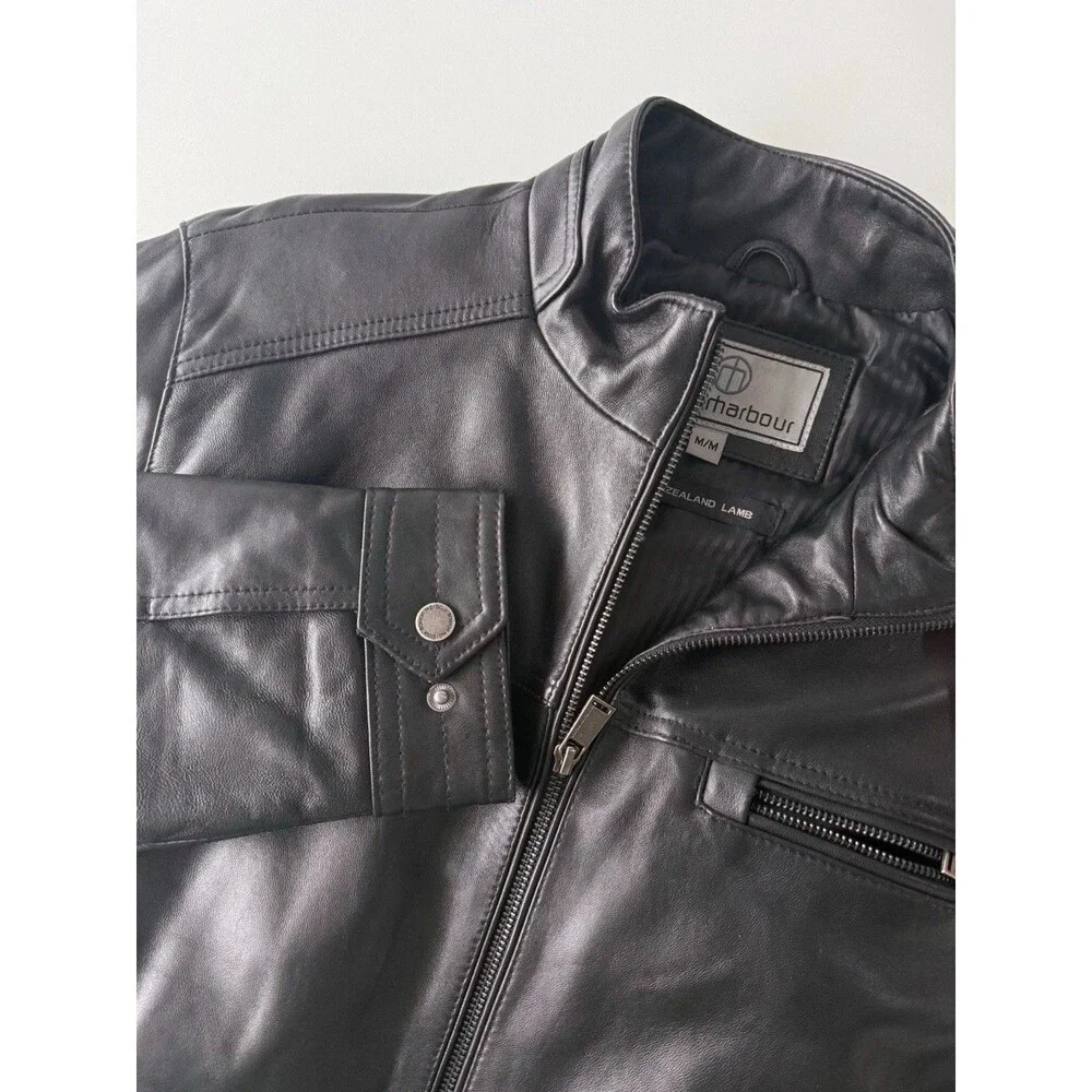Boston Harbour Leather Jacket Men's Size Medium Black New Zealand Lamb Full Zip